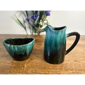 Blue Mountain Pottery Cream & Sugar Set Blue Green Drip Glaze Canada Vintage